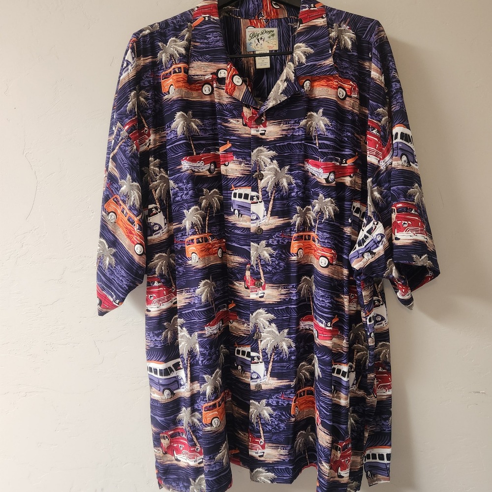Vintage Big‎ Dogs Blue Shirt Size 3X  Hawaiian Woodie Classic Cars Tropical Palm